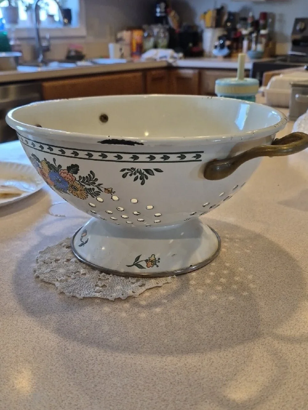Vintage Floral Enamel Colander with Handles